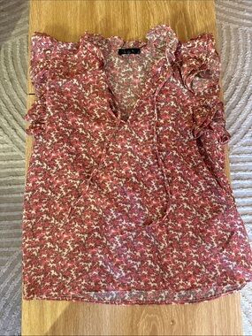 Aqua Pink & Red Floral Ruffle V-Neck Top